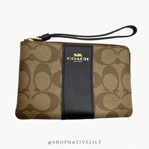 Coach Corner Zip Logo Wristlet In Signature Canvas With Stripe | Khaki/Black